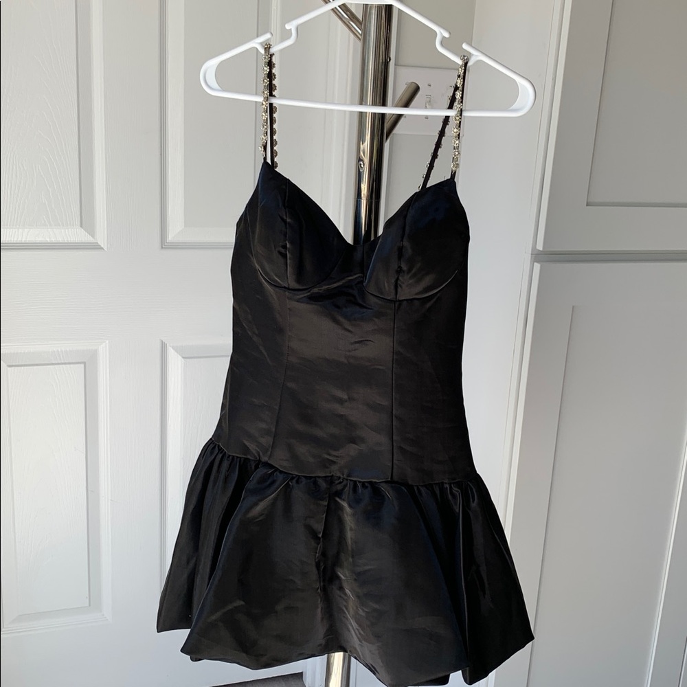B. Darlin Black Satin Dress with Jewel Straps, size 3/4.